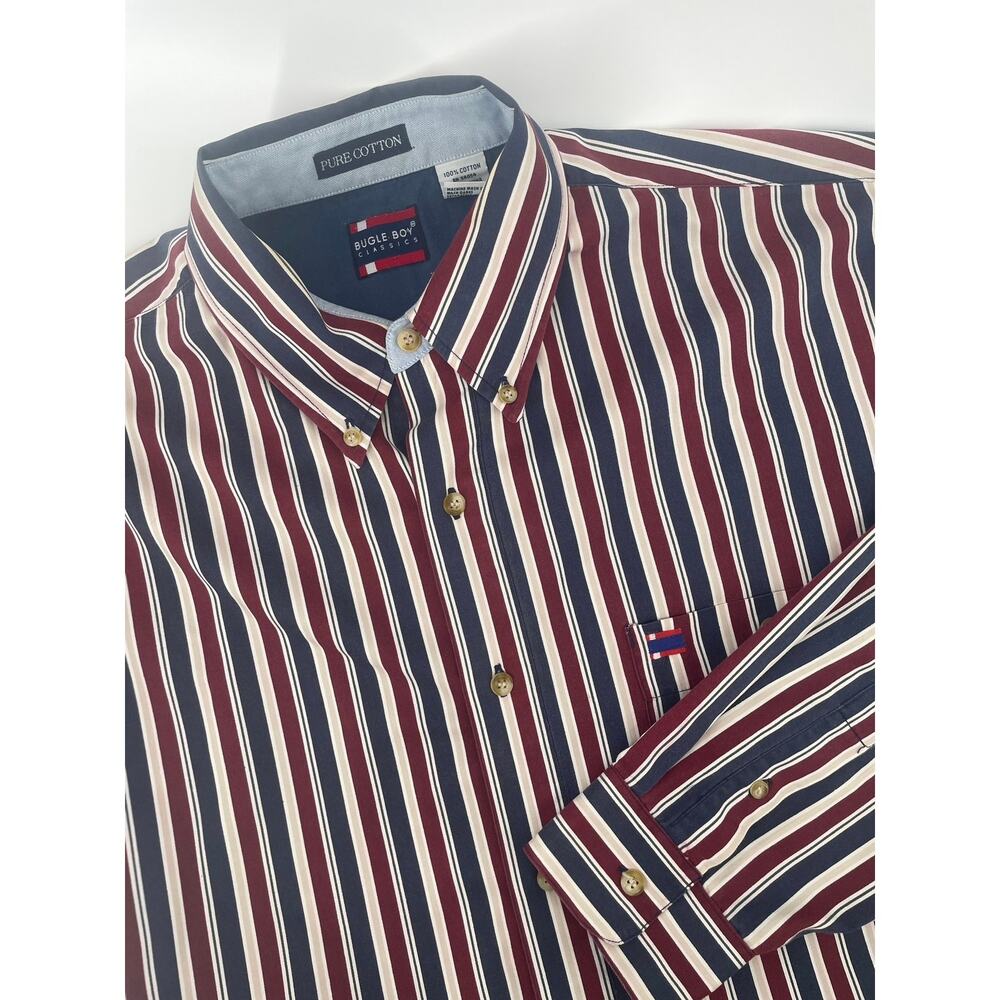 VNTG 90’s Bugle Boy Dress Shirt Men’s L Red White Blue Candy Stripe Y2K
